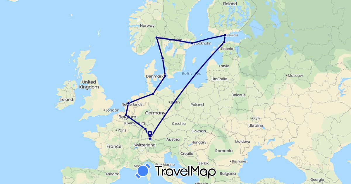 TravelMap itinerary: driving in Belgium, Germany, Denmark, Estonia, Finland, Netherlands, Norway, Sweden (Europe)